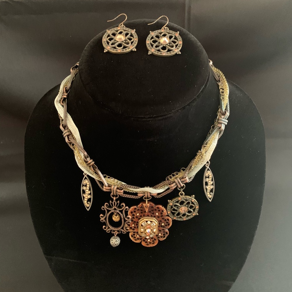 Chico's Gold and Brown Statement Necklace and Earring Set